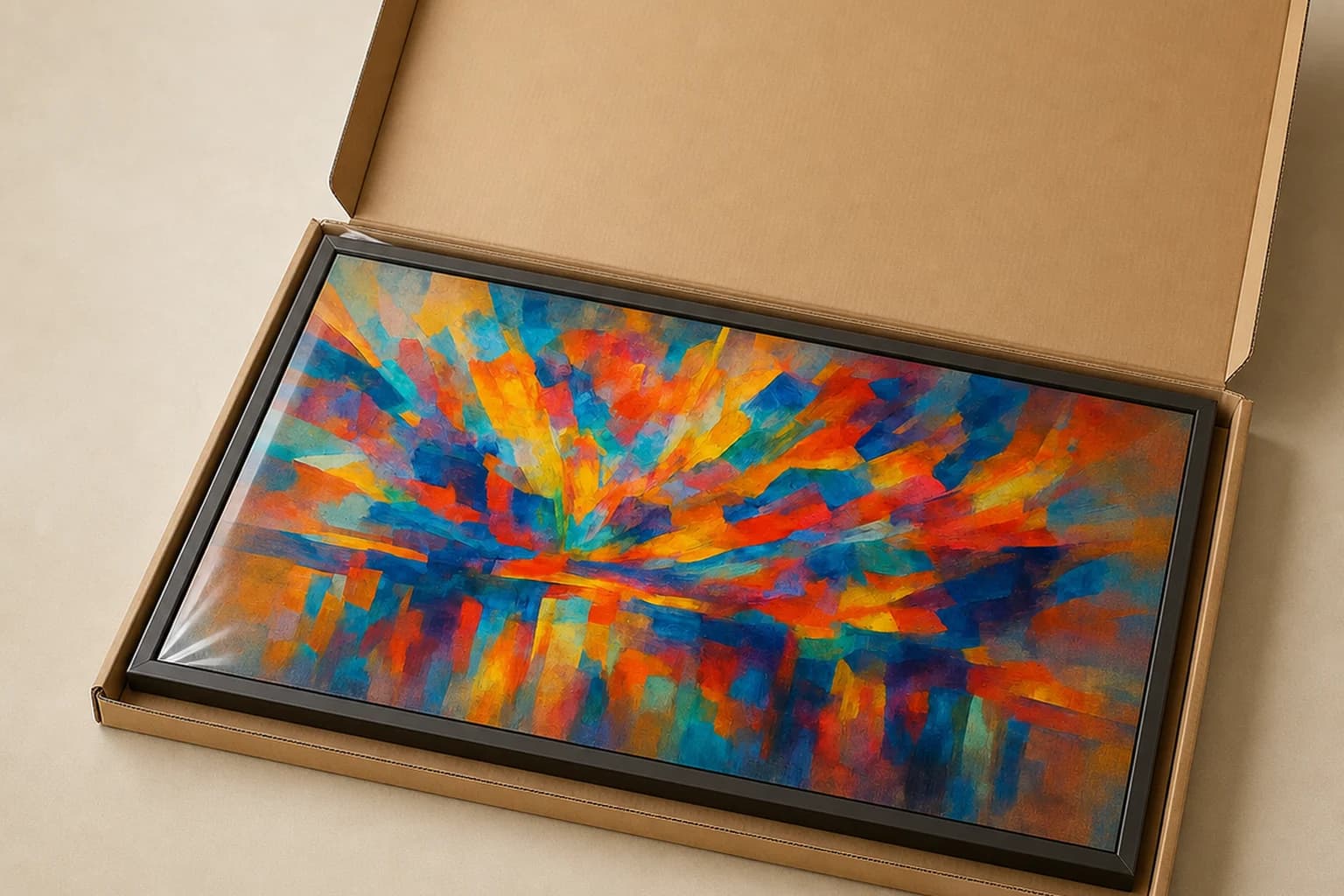Un canvas de PopFrame en un marco flotante, colgado sobre un sofá en una sala